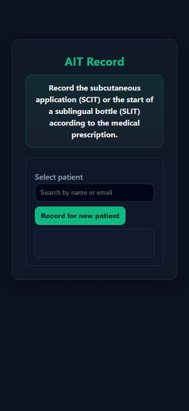 Tela de registro de tratamento no AllergyVax